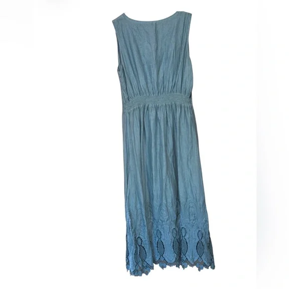 Reba Blue Cotton Midi Dress Embroidered Lace Hem Sleeveless M - Picture 2 of 2